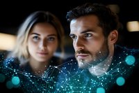 Young Caucasian professionals analyzing digital network visualization with glowing connections and bokeh effects on dark background. Modern technology concept.