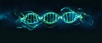 Glowing DNA double helix structure with electric energy effects on dark background for genetic research, biotechnology and molecular science concepts.