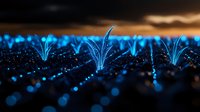 Glowing blue digital plants growing from dark soil against dramatic sky, futuristic agricultural technology concept for smart farming and automation.