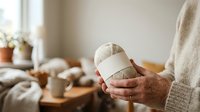 Mature man with light skin tone holding wrapped gift box in hands, wearing beige sweater, indoor home setting with blurred background, suitable for holiday, celebration, and gifting concepts.
