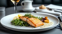 Grilled salmon fillet served on white plate with fresh herbs, mixed greens and roasted vegetables in creamy sauce against dark restaurant setting.