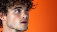 Young Caucasian male model with curly brown hair and stubble looking away thoughtfully against vibrant orange background, profile view portrait showing defined facial features.