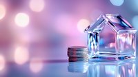 Crystal glass house model with stacked coins on reflective surface against colorful bokeh background for real estate investment and property finance concepts.