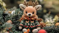 Adorable knitted reindeer toy with festive sweater sitting among Christmas tree branches, perfect for holiday decorations and seasonal crafts.
