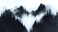 Misty mountain landscape with dark silhouettes of pine trees and jagged peaks, creating a moody atmospheric scene in monochrome watercolor style.
