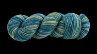 Skein of hand-dyed variegated yarn in teal, blue, and green tones, isolated on transparent background, ready for knitting, crafts, and print on demand designs.