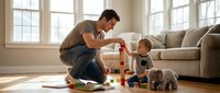 Young father playing with wooden blocks alongside his toddler son in bright living room. Family bonding time with educational toys on hardwood floor.
