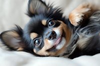 Adorable small black and tan Chihuahua puppy lying on back with big eyes and happy expression on soft white bedding looking at camera playfully.