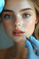 Close-up of young woman receiving lip filler injection treatment by medical professional wearing blue gloves. Natural freckles and blue eyes visible in beauty shot.