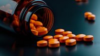 Orange round pills scattered from prescription bottle on dark surface with dramatic lighting and reflection, pharmaceutical concept for medication or drug abuse.