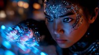 Young Asian woman with glowing blue crystal face art and dramatic lighting in futuristic fantasy portrait with bokeh effects and ethereal atmosphere.