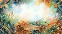 Watercolor floral frame with golden ornamental border and blank ribbon banner, soft teal and warm tones, copy space for text or greeting card design.