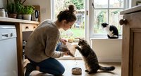 Young woman in cozy sweater feeding tabby cat in bright modern kitchen while black and white cat sits on windowsill watching outdoor garden view.