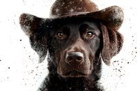 Chocolate Labrador retriever wearing brown cowboy hat against white background, artistic watercolor splash effect creates dramatic portrait of loyal companion.