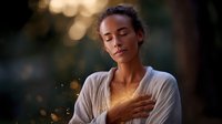 Young African American woman with closed eyes in white clothing touching heart against blurred bokeh background, expressing peace and mindfulness.