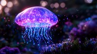 Luminescent jellyfish glowing with magical purple and blue bioluminescence floating in dark waters among sparkling particles and mystical underwater flora.