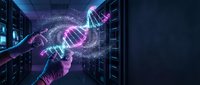 Human hand touching glowing DNA double helix with digital particles in futuristic server room representing genetic engineering and biotechnology innovation.
