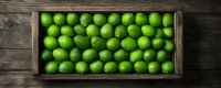 Fresh green limes in rustic wooden box on dark wooden background, top view panoramic shot. Organic citrus fruits for cocktails and cooking.