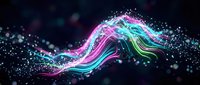 Abstract colorful wave with glowing particles and light effects on dark background for digital art and modern design projects.