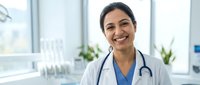 Female healthcare professional with South Asian ethnicity wearing white medical coat and stethoscope in modern clinic office with windows and plants. Portrait of doctor smiling at camera.