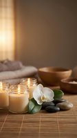 Tranquil spa setting with lit candles, white orchid, massage stones and wooden bowls creating peaceful wellness atmosphere for relaxation and self-care.