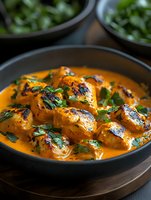 Grilled chicken pieces in creamy orange curry sauce garnished with fresh cilantro, served in dark ceramic bowl on wooden surface. Restaurant quality food styling.