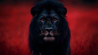Majestic black lion with glowing red eyes against dramatic red background, powerful wild animal portrait for fantasy and gothic design projects.