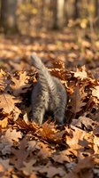 Gray kitten playing in autumn leaves on forest ground, exploring fall foliage during outdoor playtime.