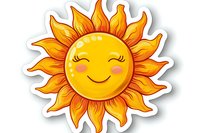 Cheerful smiling sun character with orange flaming rays and rosy cheeks on white background, isolated sticker design for children decoration and craft projects.