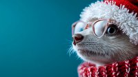 White dog wearing red Santa hat and knitted scarf against turquoise background. Close up portrait showing nose and glasses for Christmas holiday season greeting card design.