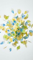 Watercolor leaves in yellow, blue, and green tones scattered on white background. Isolated botanical elements ready for design projects, greeting cards, and creative compositions.
