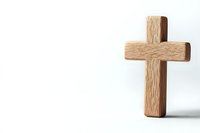 Simple wooden cross standing upright on white background, minimalist religious symbol with natural wood grain texture and soft shadow. Isolated object for faith concepts.