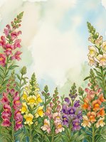 Watercolor snapdragon garden border with colorful pink, yellow, purple and orange blooms framing a soft sky background with copy space.