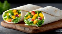 Fresh vegetable wraps with colorful bell peppers, lettuce and herbs on wooden cutting board for healthy lunch meal preparation and food photography.
