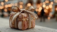Elegant brown gift box with golden ribbon and bow against warm bokeh lights background for holiday celebrations and special occasions.
