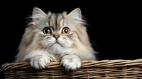 Fluffy Persian cat with golden eyes peering over edge of wicker basket against black background, isolated studio portrait showing adorable feline expression.
