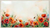 Watercolor poppy flowers border with red orange blooms and green stems on textured paper background for spring greeting cards and botanical designs.
