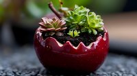 Miniature succulent garden in burgundy ceramic pot with echeveria and sedum plants, decorative indoor gardening arrangement on dark textured surface.