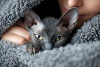 Gray Sphynx cat with green eyes wrapped in soft blue blanket, cuddled by owner in cozy home setting.