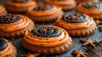 Halloween orange frosted cupcakes with chocolate ganache centers and black sprinkles for spooky seasonal celebrations and autumn party desserts.