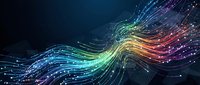 Colorful glowing data stream lines flowing on dark blue background, representing digital technology, network connectivity and big data transfer.