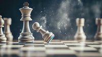 White queen chess piece knocking over pawn on wooden board with dramatic lighting and dust particles, symbolizing power, strategy and decisive victory in business.