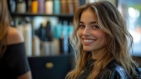 Young Caucasian woman with wavy blonde hair smiling in hair salon with blurred background of hair products and another client, conveying happiness and satisfaction.
