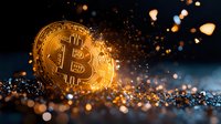 Golden bitcoin coin with glowing sparkles and bokeh effects on dark background, dramatic cryptocurrency concept with magical light particles.