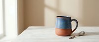 Handcrafted ceramic mug with blue and terracotta glaze sits on wooden table in warm natural sunlight creating peaceful morning coffee moment.