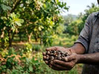 Farmer holding freshly harvested cacao pods in hands at plantation, showing agricultural produce and sustainable farming practices in tropical environment.