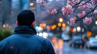 Man in blue jacket viewing cherry blossoms at dusk with city lights creating bokeh background. Urban spring scene with pink flowers and evening atmosphere.