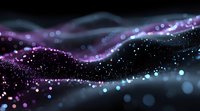 Abstract digital wave with glowing purple and blue particles flowing against dark background, creating futuristic technology visualization.