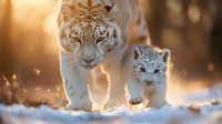 White tiger mother and cub walking together in golden sunlight with bokeh effect, snow sparkles around them creating magical winter atmosphere in natural habitat.