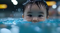 Young Asian child swimming in pool with water splashing around face, close-up view showing joy and excitement during summer activity or swimming lesson.